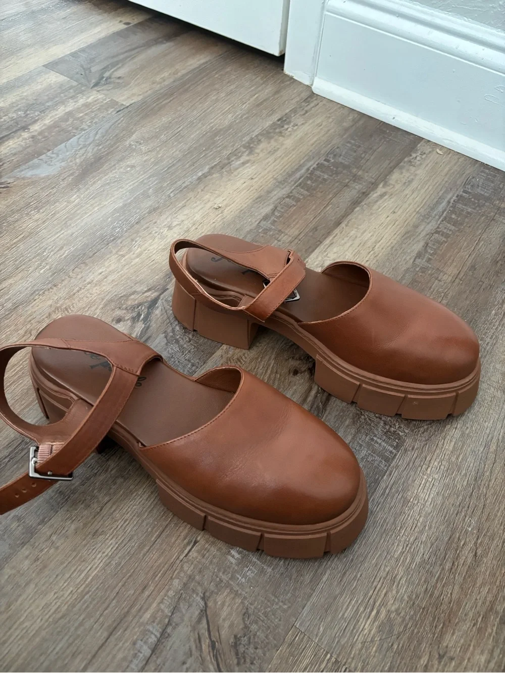 Free People Tan Brown Platform Mary Jane Sandals with Ankle Strap